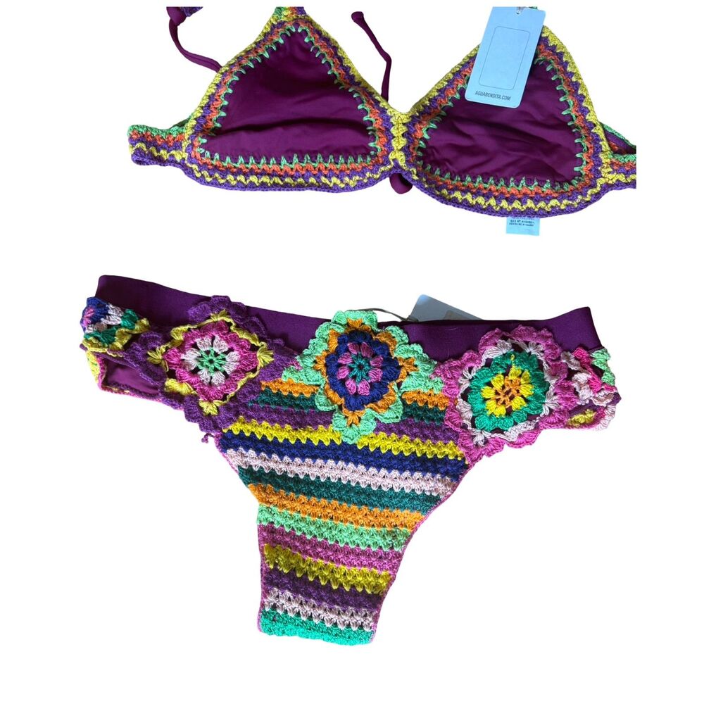 Agua Bendita NWT B. Punto Crochet Bikini Set Rainbow Chevron Multicolor Size L - Picture 8 of 13
